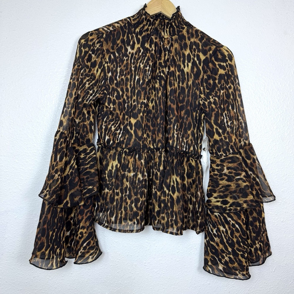 New Live 4 Truth Leopard Blouse Women's Medium Bell Sleeves Boho Cowgirl Sheer